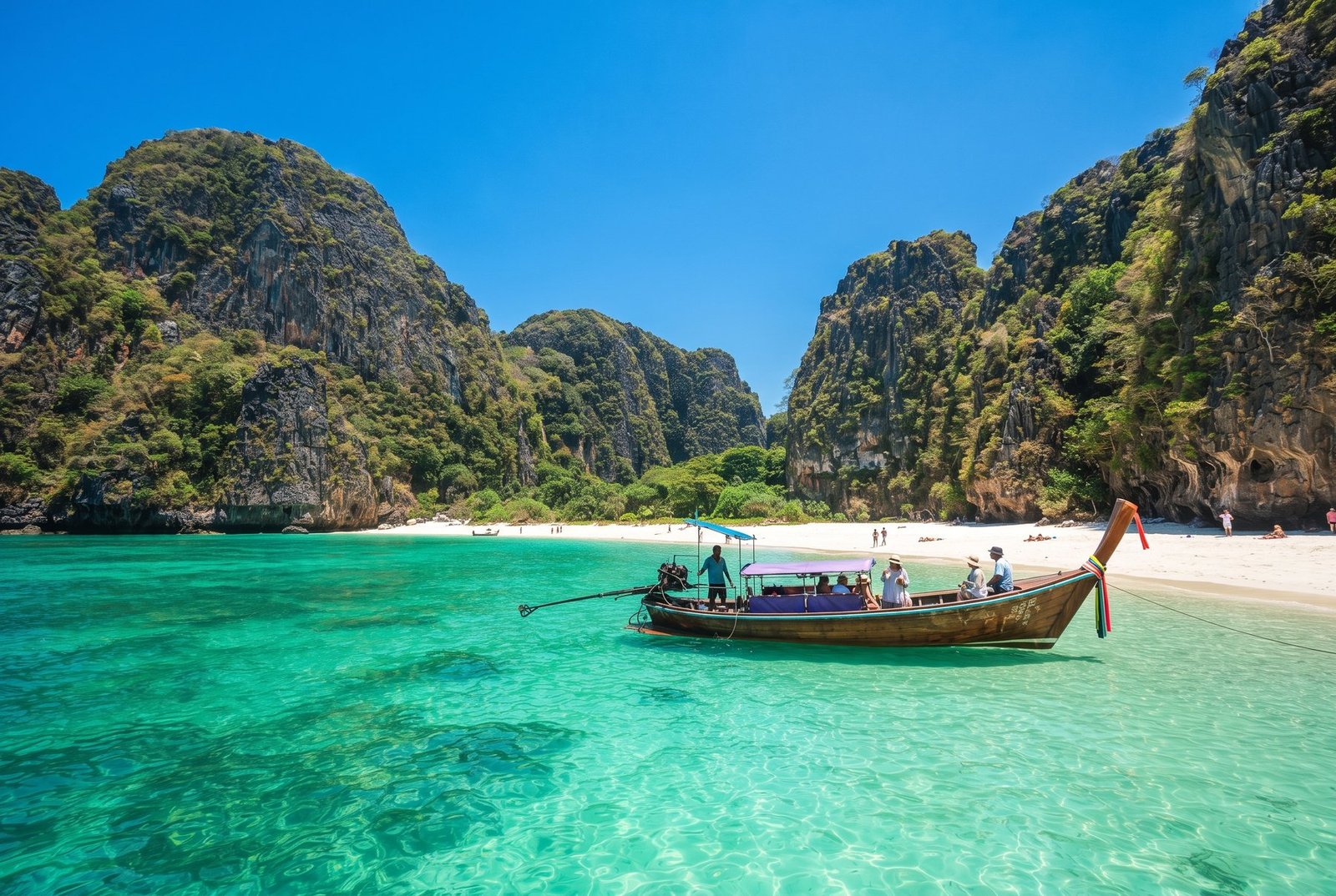 Traditional longtail boat in turquoise water at Maya Bay, Phi Phi Islands, Thailand