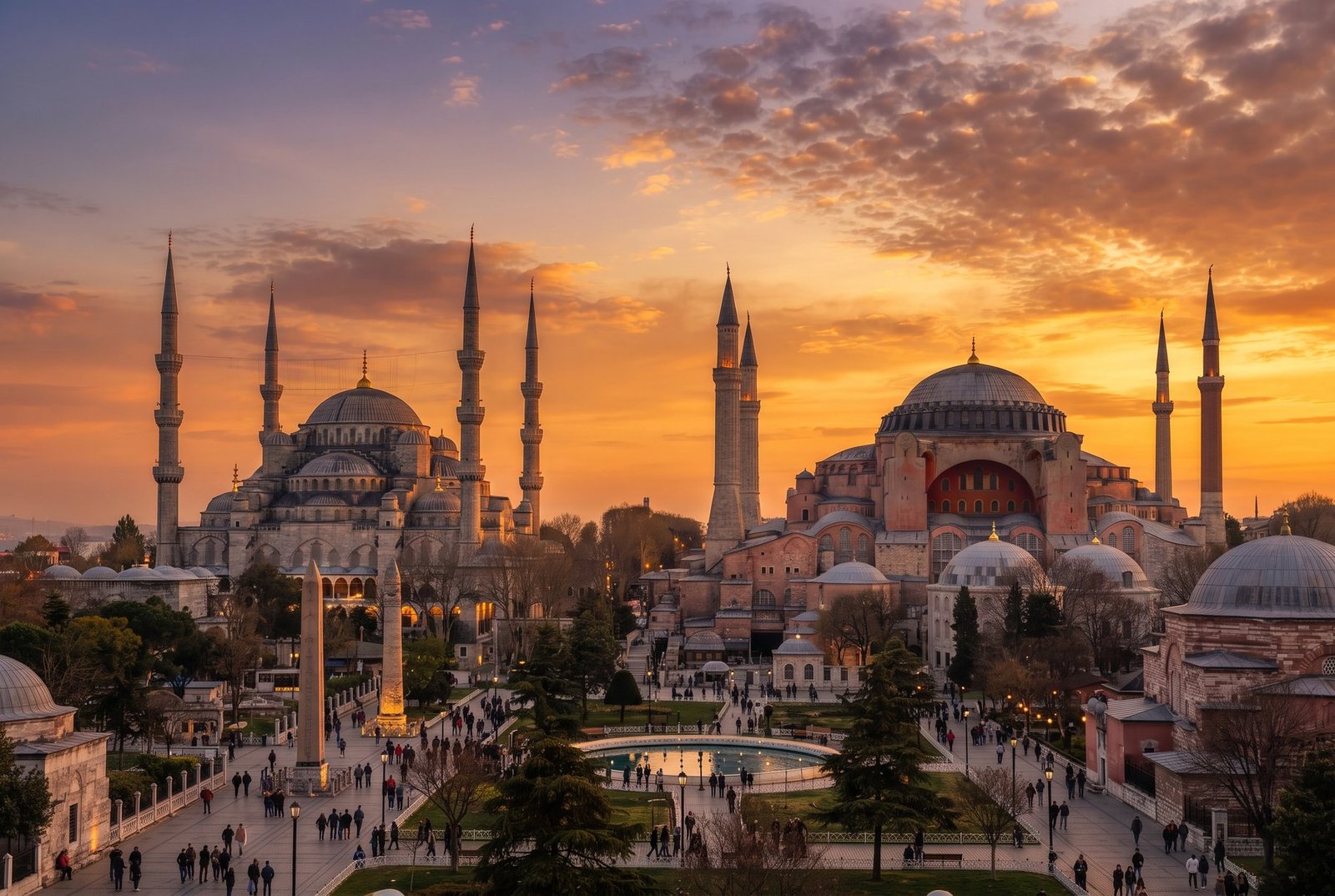 Blue Mosque and Hagia Sophia with minarets at sunset in Istanbul, Turkey
