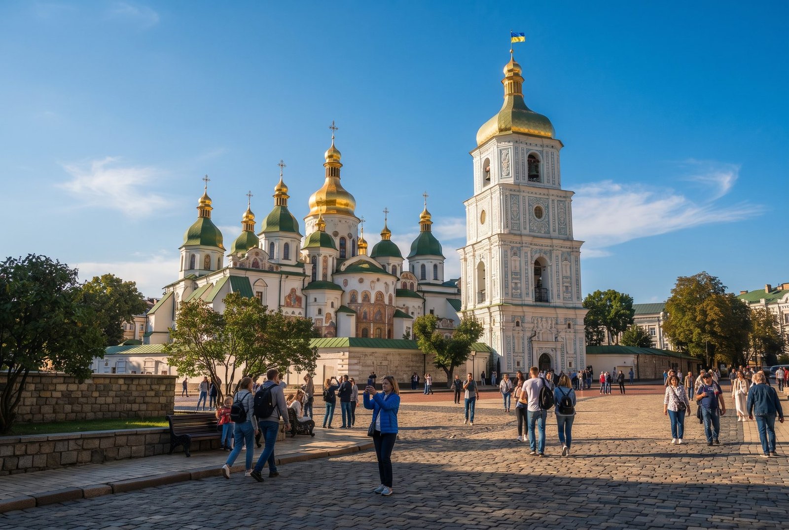 St. Sophia Cathedral with golden domes and bell tower in Kyiv with tourists on the cobblestone square, Ukraine