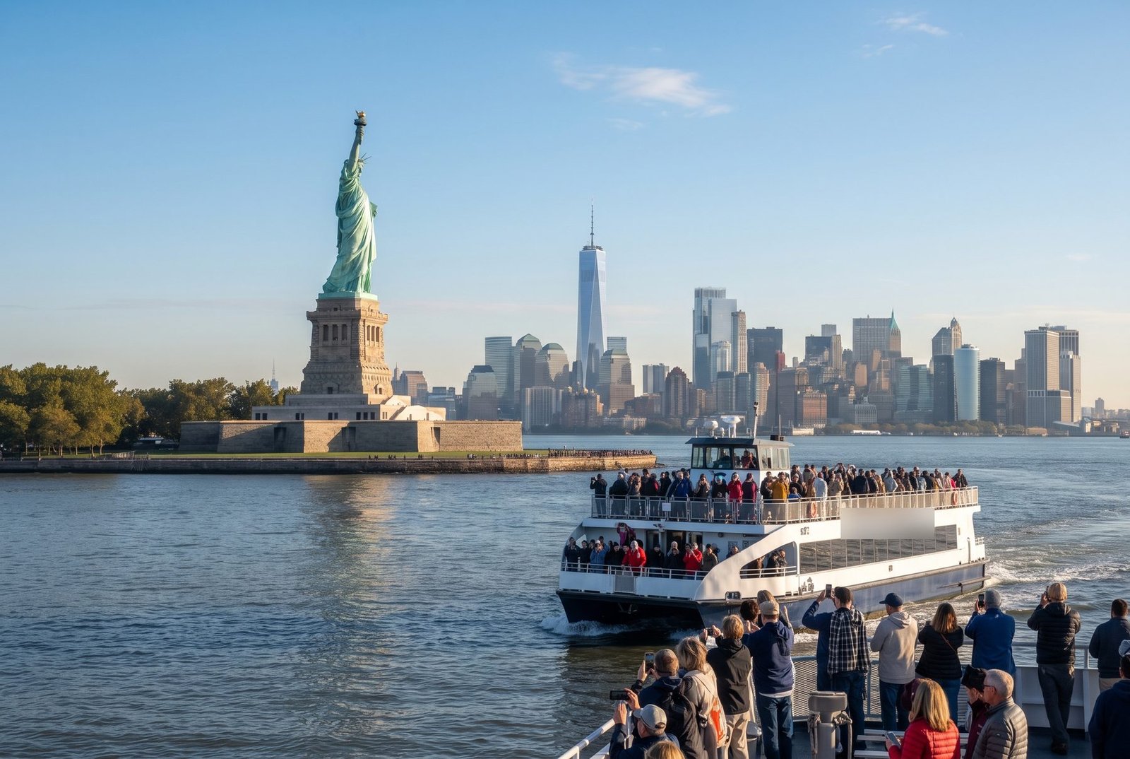 Statue of Liberty with the Manhattan skyline behind it and a ferry full of tourists on the water, New York, USA