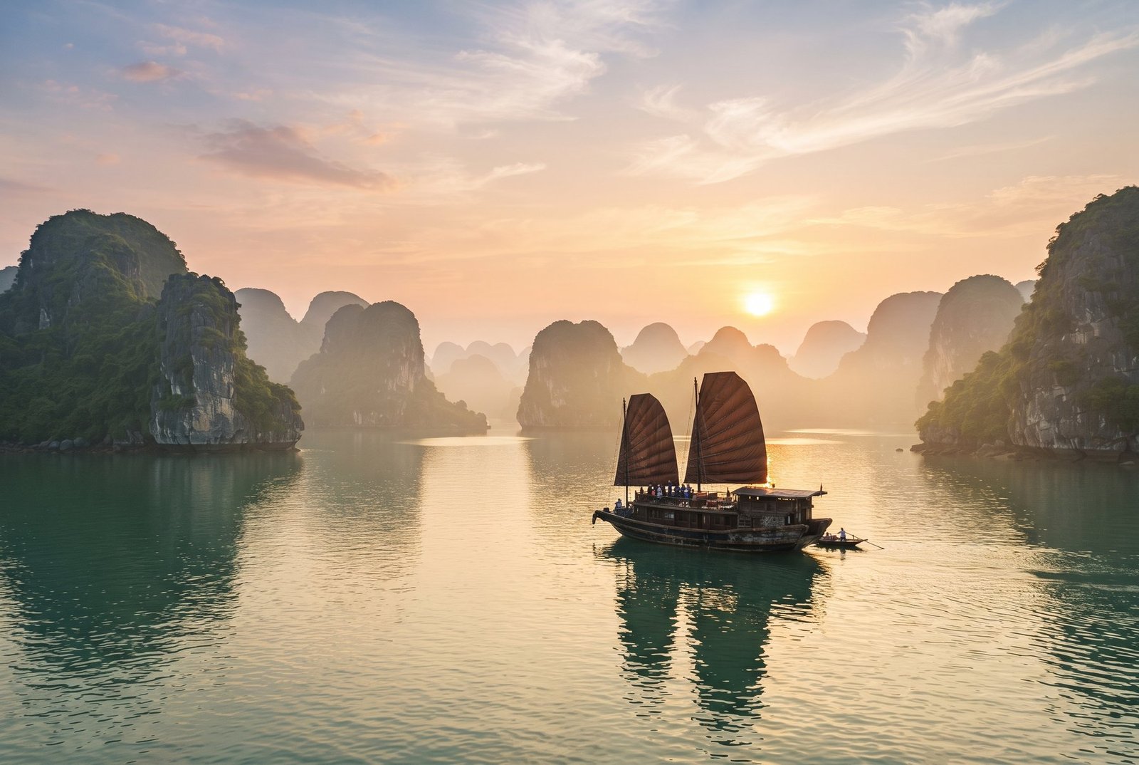 Traditional wooden junk boat with sails among the limestone islands of Ha Long Bay at sunrise, Vietnam