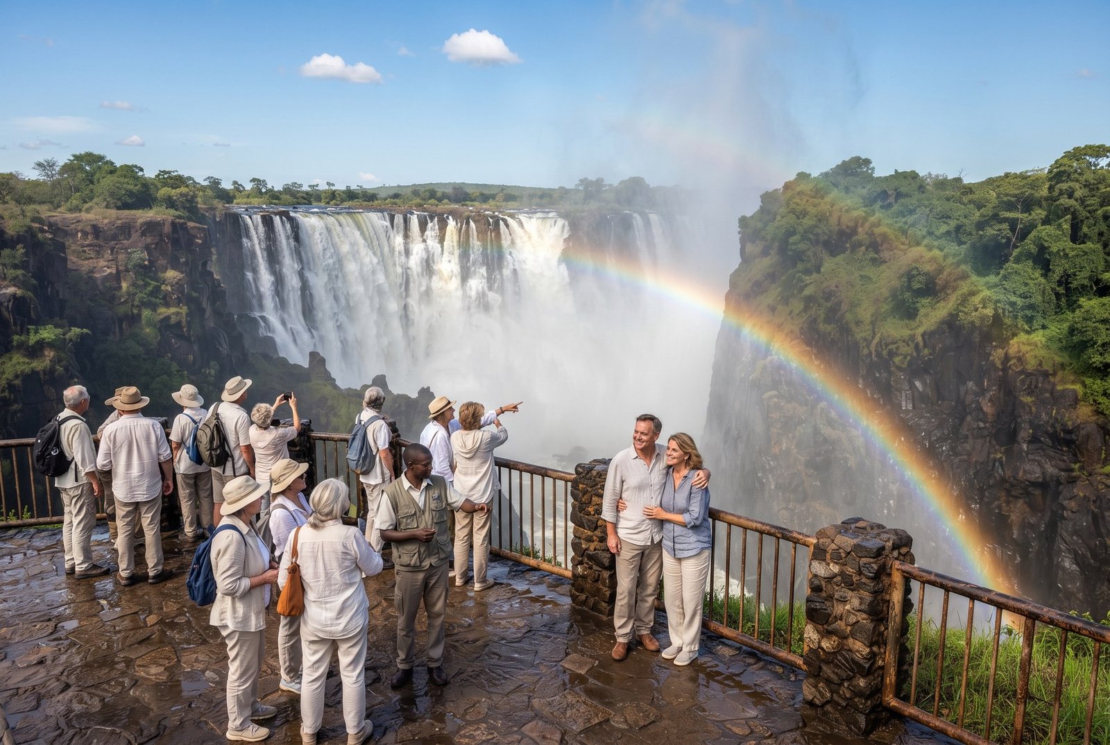 Tourists with a guide at a viewpoint of Victoria Falls with mist and a rainbow over the gorge, Zimbabwe